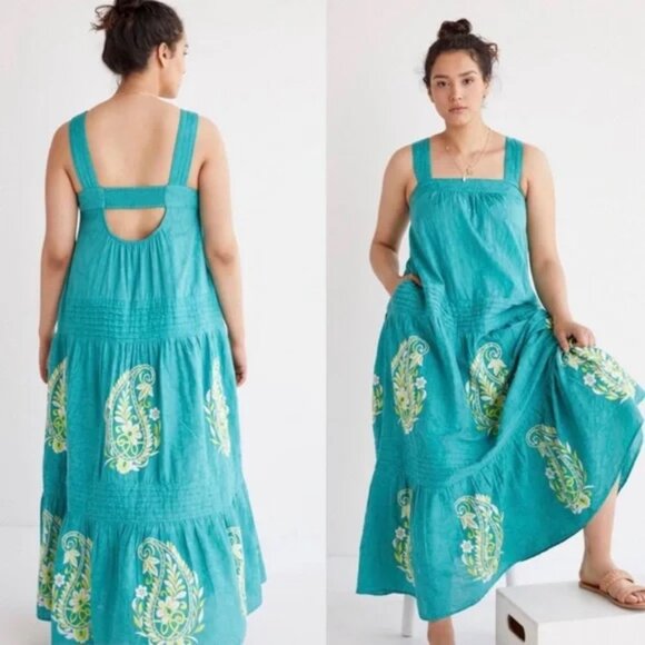 Anthropologie Felicity Embroidered Maxi Dress Size XS Green Pintuck Pockets - Picture 1 of 10